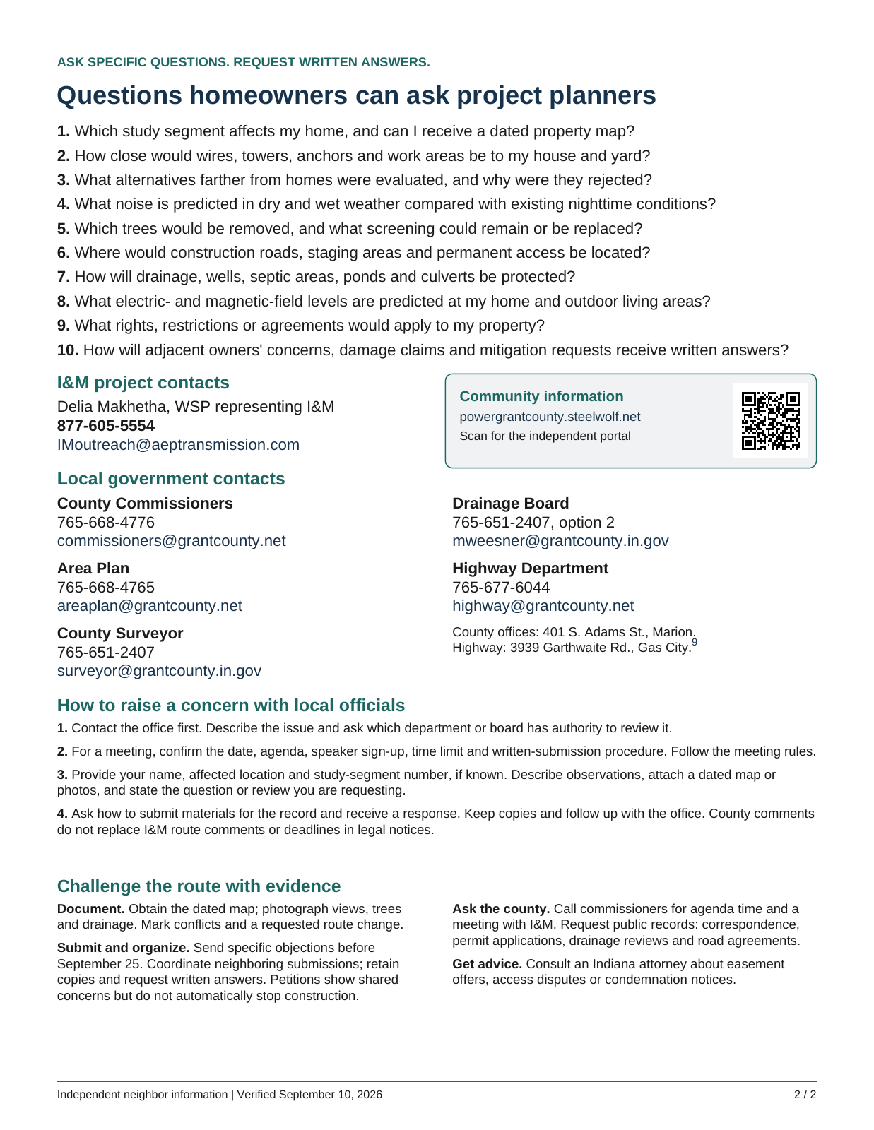 Flyer page 2 of 2. Questions to ask, project and county contacts, and community portal QR code.